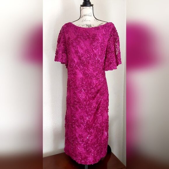 Jessica Howard Magenta/Fuchsia Sequined Soutache Lace Sheath Dress, size 16 - Picture 4 of 16